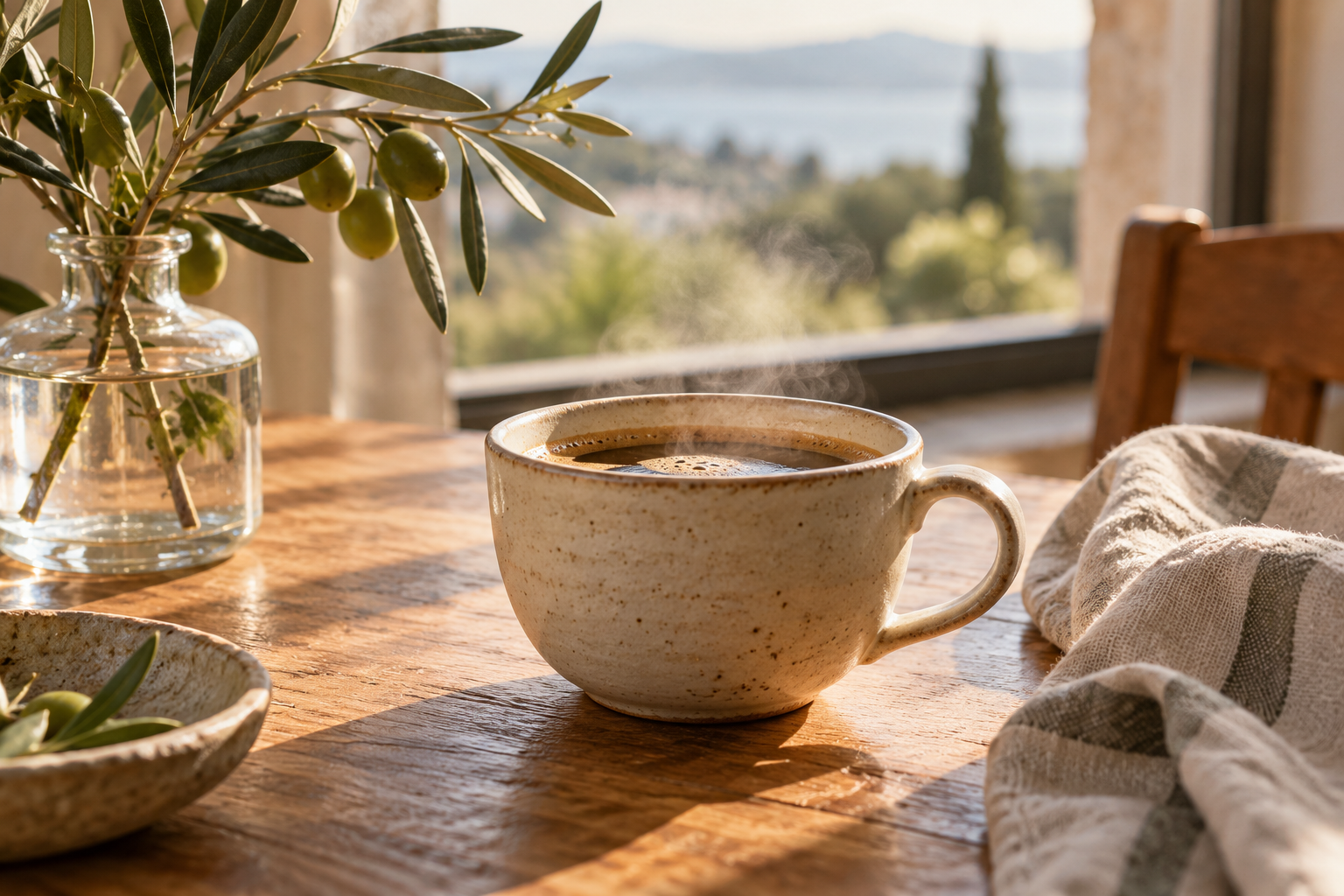 AI-generated ceramic coffee cup on a sunlit oak table beside olive branches and a linen napkin
