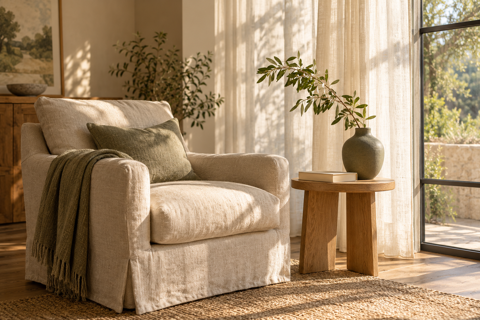 AI-generated reading corner with a linen armchair and sunlit window