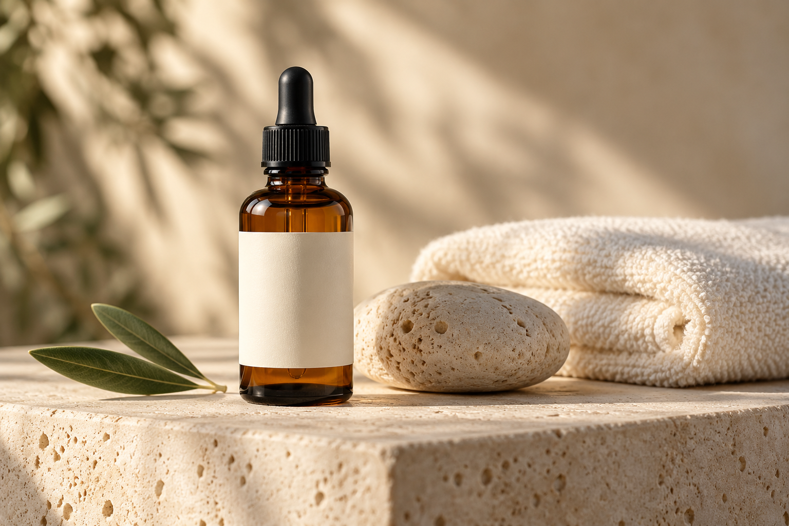 AI-generated amber skincare bottle on travertine beside an ivory towel
