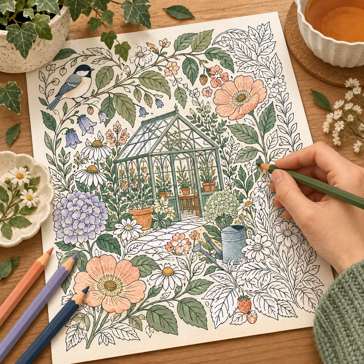 A hand coloring an intricate garden illustration with pencils on a warm wooden desk.