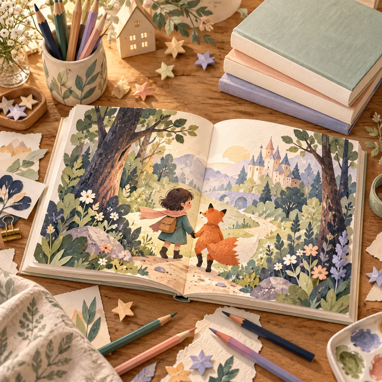 An open picture book showing a child and fox on a forest path, surrounded by pencils and paper stars.