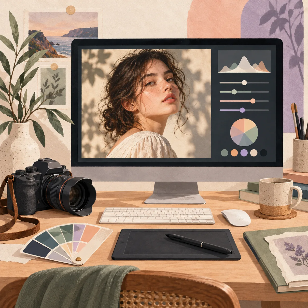 A photo editing workstation with a camera, monitor, color swatches and stylus.