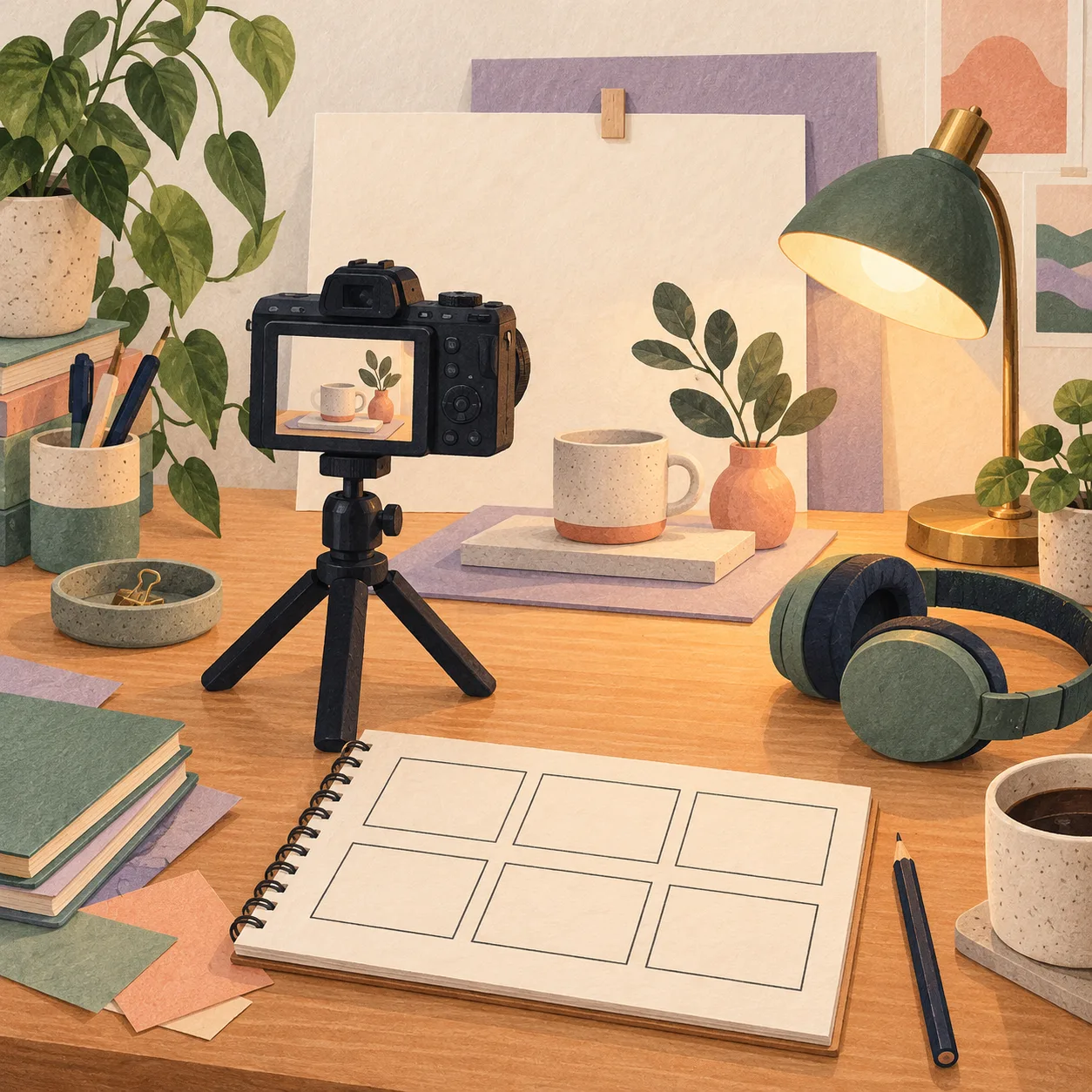 A camera films a tabletop scene beside a blank storyboard, headphones and a desk lamp.