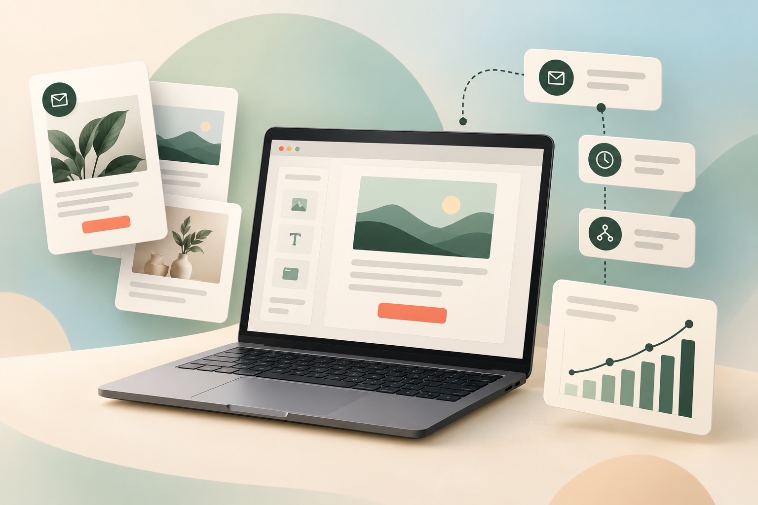 Illustration of an email campaign workspace with newsletter cards and an analytics chart